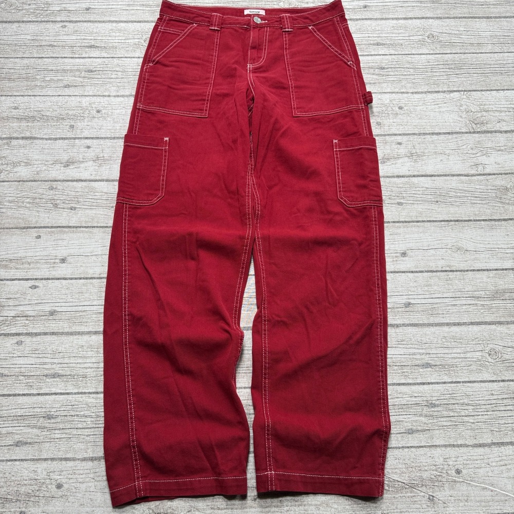 Garage Carpenter Pants Women's 5 Red Cargo Straight Leg Relaxed Workwear Utility